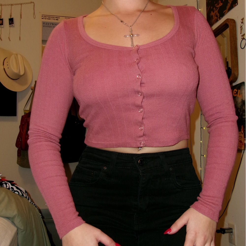 Dusty Rose Ribbed Long Sleeve Crop Top | Button Front Fitted Knit